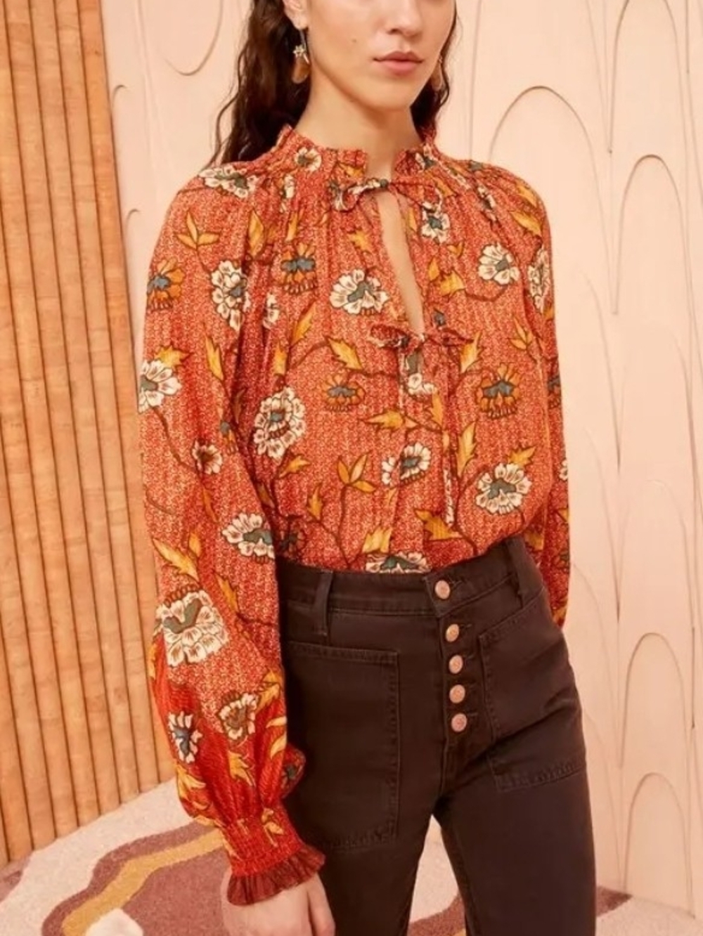 Ulla Johnson Rust-Orange Floral Tie-Neck Blouse